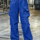 vlovelaw Plus Size Casual Pants, Women's Plus Solid Elastic Drawstring High Rise Loose Parachute Cargo Pants With Pockets
