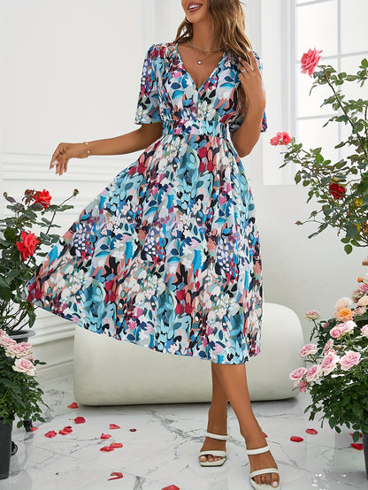 vlovelaw  Floral Print V Neck Dress, Elegant Short Sleeve Dress For Spring & Summer, Women's Clothing