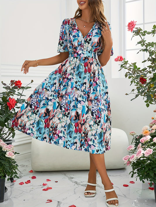 vlovelaw  Floral Print V Neck Dress, Elegant Short Sleeve Dress For Spring & Summer, Women's Clothing