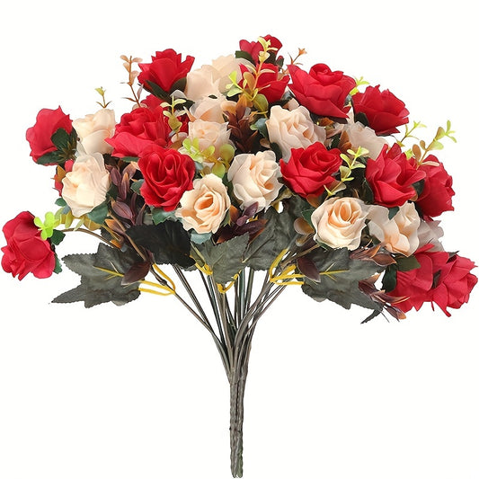 1pc 12 Heads Two Color Fake Roses, Artificial Flowers With Stems For Home Wedding Party Decoration, Farmhouse Decor, Aesthetic Room Decor, Home Decor