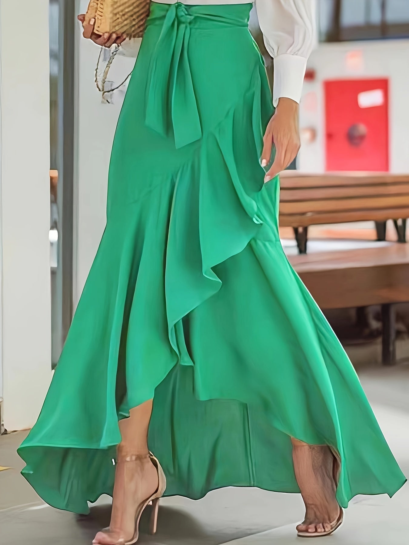 vlovelaw  Solid Ruffle Trim Asymmetrical Skirt, Elegant Belted Mermaid Skirt For Spring & Fall, Women's Clothing