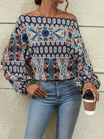 vlovelaw  Ethnic Graphic Print Blouse, Casual Off Shoulder Long Sleeve Blouse, Women's Clothing