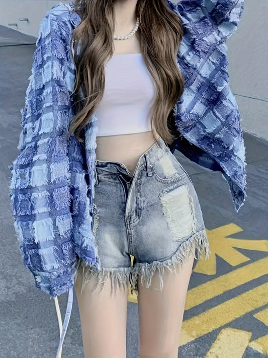 vlovelaw Tassel Plaid Vintage Blouse, Casual Open Front Long Sleeve Blouse, Women's Clothing