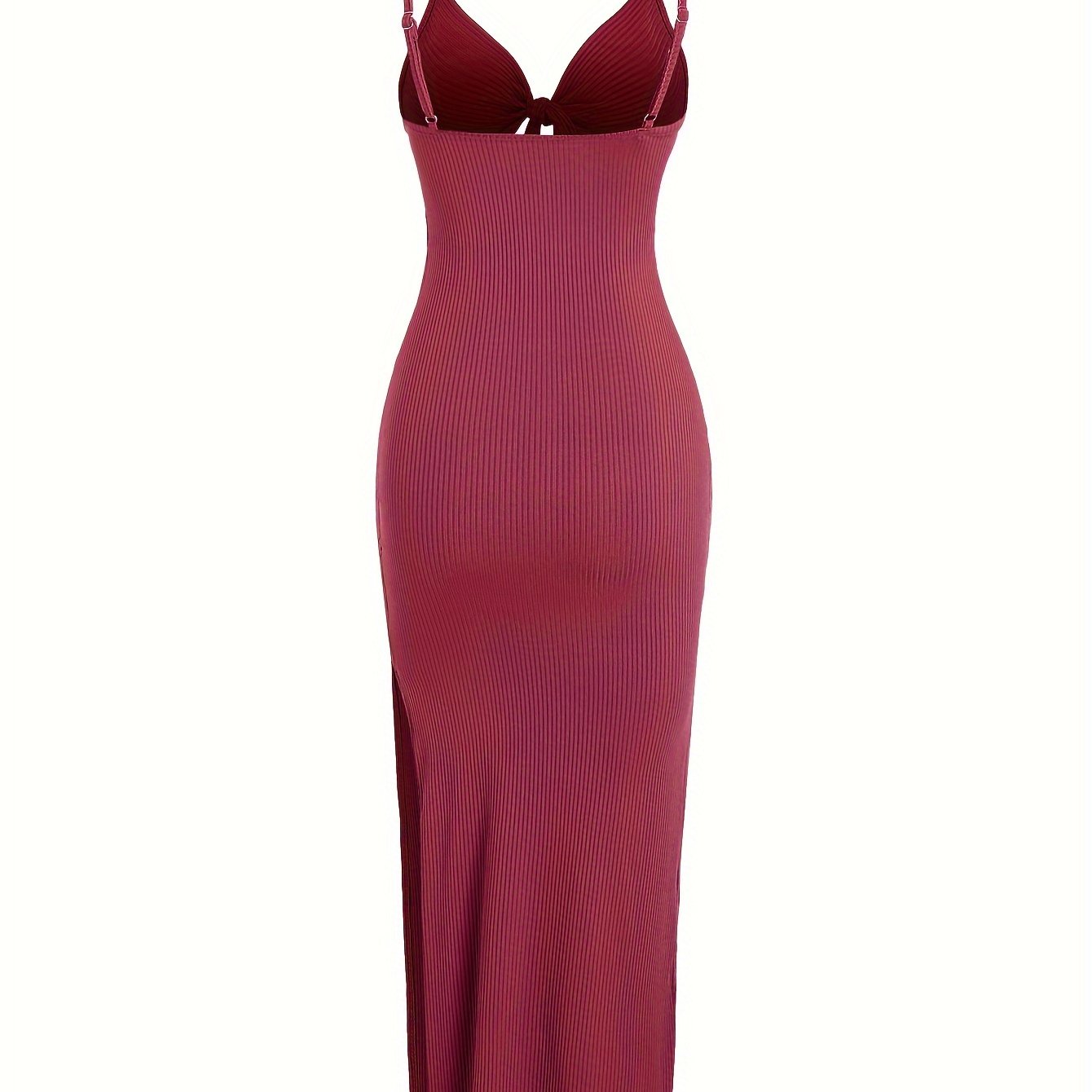 vlovelaw Sexy Spaghetti Strap Ribbed Knot Cutout Side Split Maxi Dress, Solid Body-Con Dress For Spring & Fall, Women's Clothing