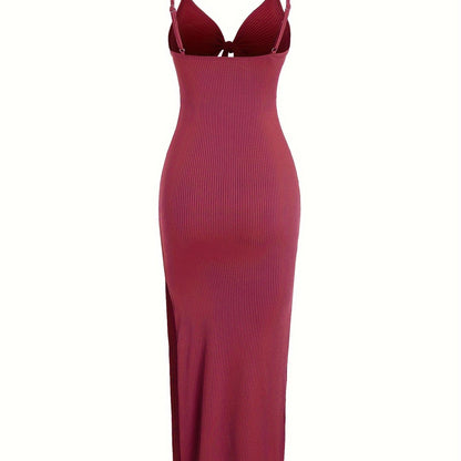 vlovelaw Sexy Spaghetti Strap Ribbed Knot Cutout Side Split Maxi Dress, Solid Body-Con Dress For Spring & Fall, Women's Clothing