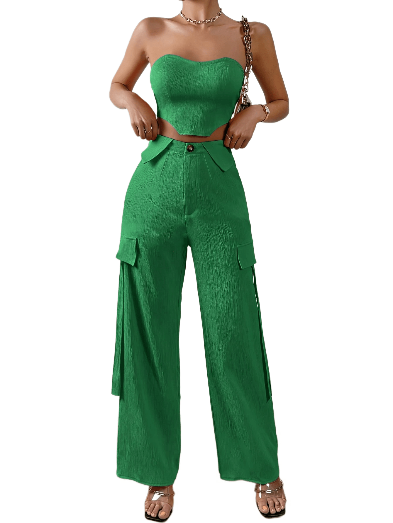 vlovelaw Solid Color Two-piece Set, Tie Back Tube Top & Pants Outfits, Women's Clothing