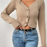 vlovelaw  Solid Button Front Knit Cardigan, Casual Long Sleeve Crop Sweater, Women's Clothing