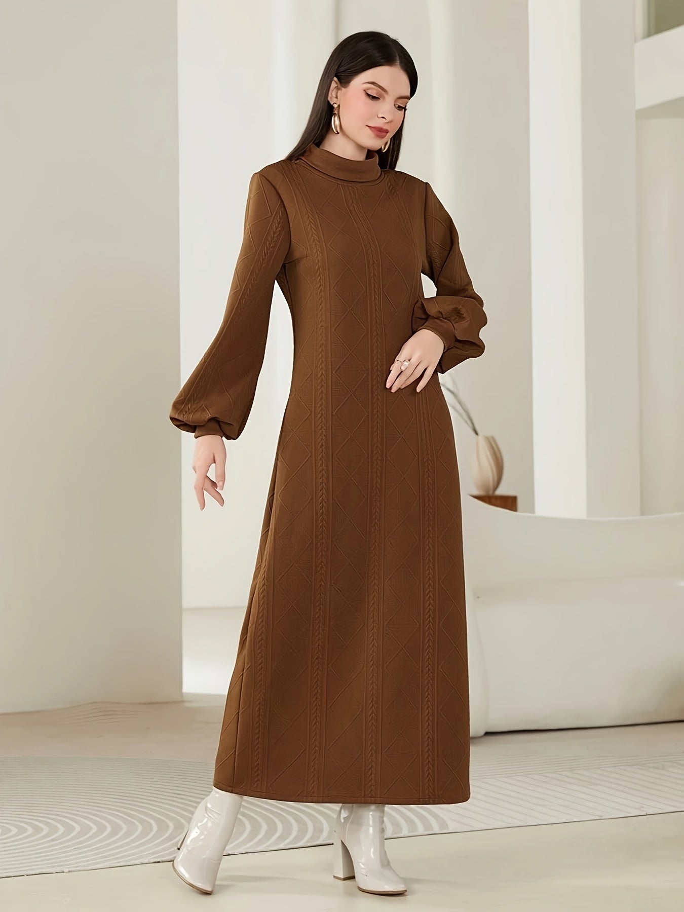 vlovelaw  Textured Mock Neck Dress, Elegant Long Sleeve Dress For Fall & Winter, Women's Clothing