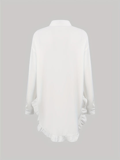 Ruffle Hem Button Front Blouse, Stylish Long Sleeve Blouse For Spring & Fall, Women's Clothing