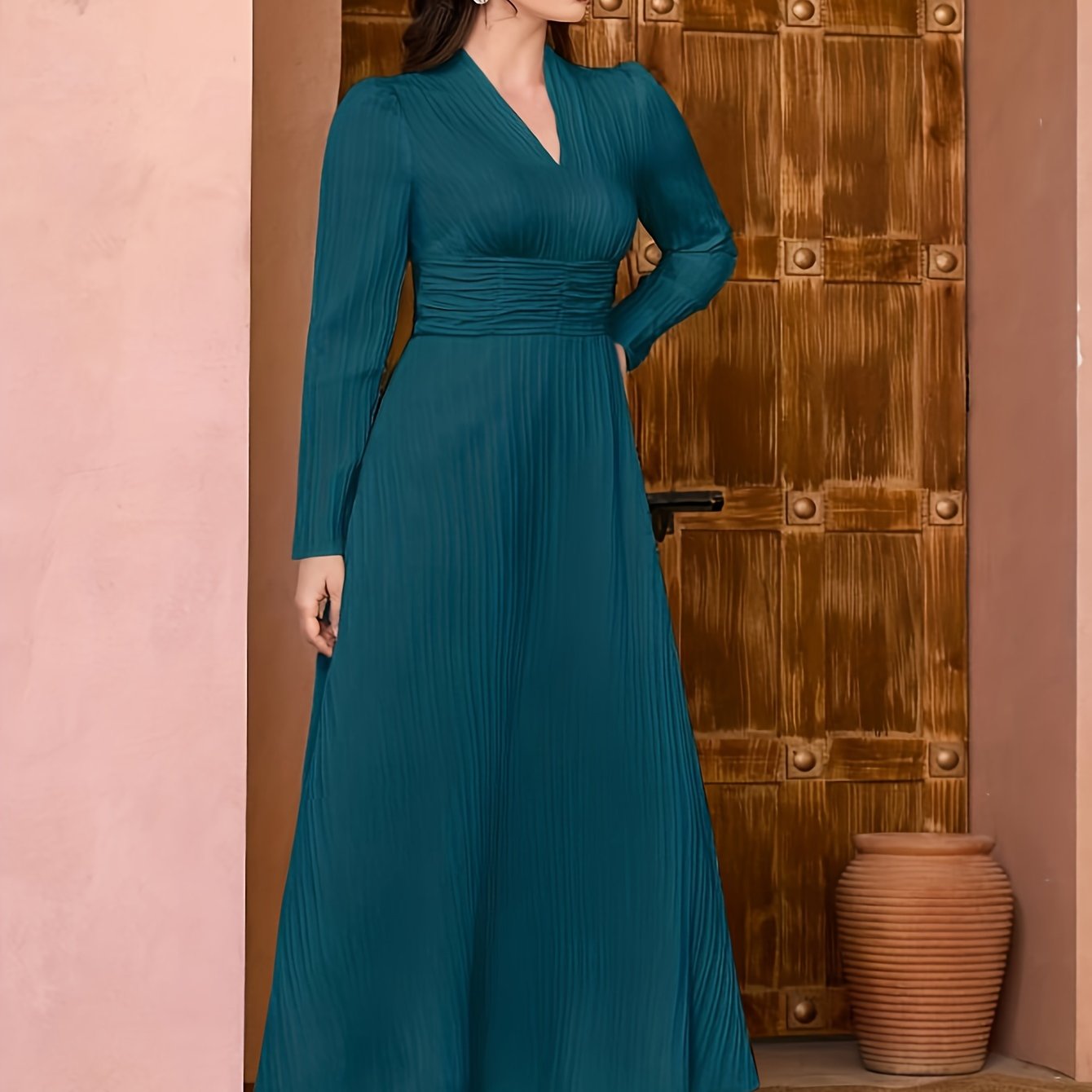 vlovelaw  Solid V Neck Dress, Elegant Long Sleeve Shirred Waist Dress, Women's Clothing