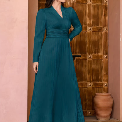 vlovelaw  Solid V Neck Dress, Elegant Long Sleeve Shirred Waist Dress, Women's Clothing