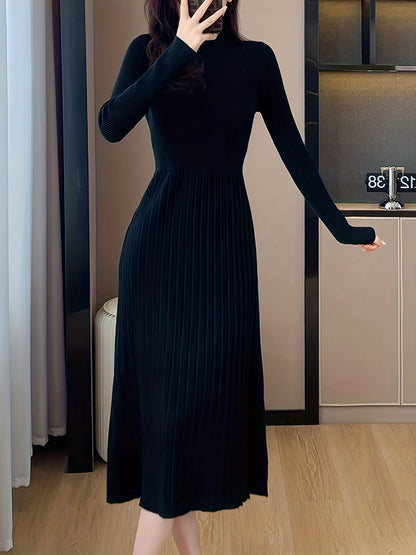 vlovelaw Ribbed Solid Midi Dress, Elegant Long Sleeve Party Dress, Women's Clothing