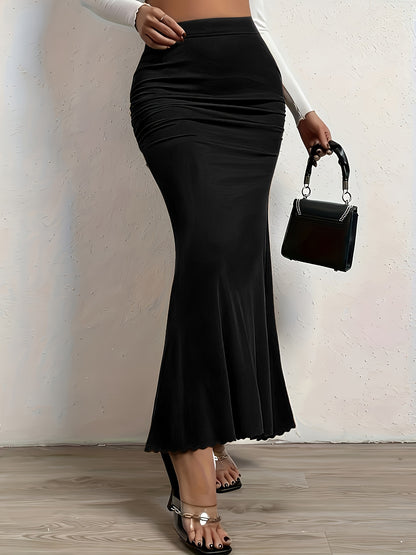 vlovelaw  Plus Size Sexy Skirt, Women's Plus Solid Side Ruched Elastic High Rise Medium Stretch Maxi Mermaid Skirt
