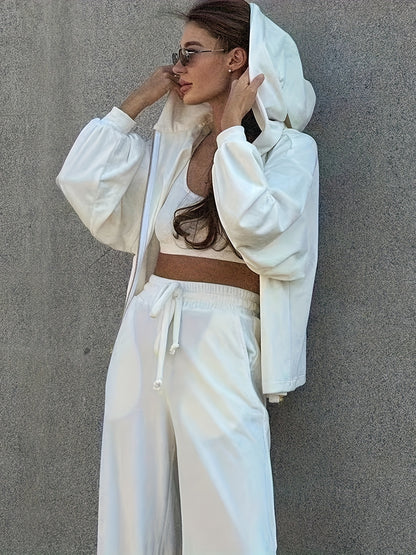 vlovelaw  Solid Casual Three-piece Set, Zip Up Hooded Jacket & Crop Tank Top & Drawstring Pants Outfits, Women's Clothing
