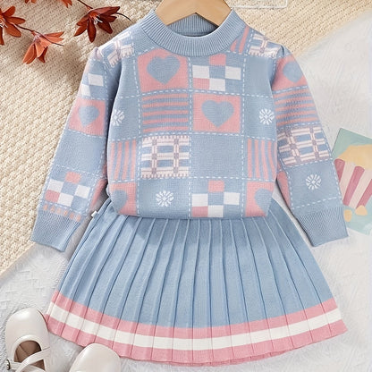 Girl's Heart Pattern Knit Sweater & Pleated Skirt Set - Cozy, Chic, and Casual Outfit for Fall to Spring