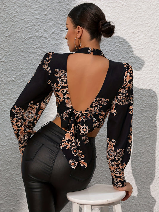 vlovelaw Ethnic Print Cut Out Crop Blouse, Vintage Long Sleeve Tie Back Blouse For Spring & Fall, Women's Clothing