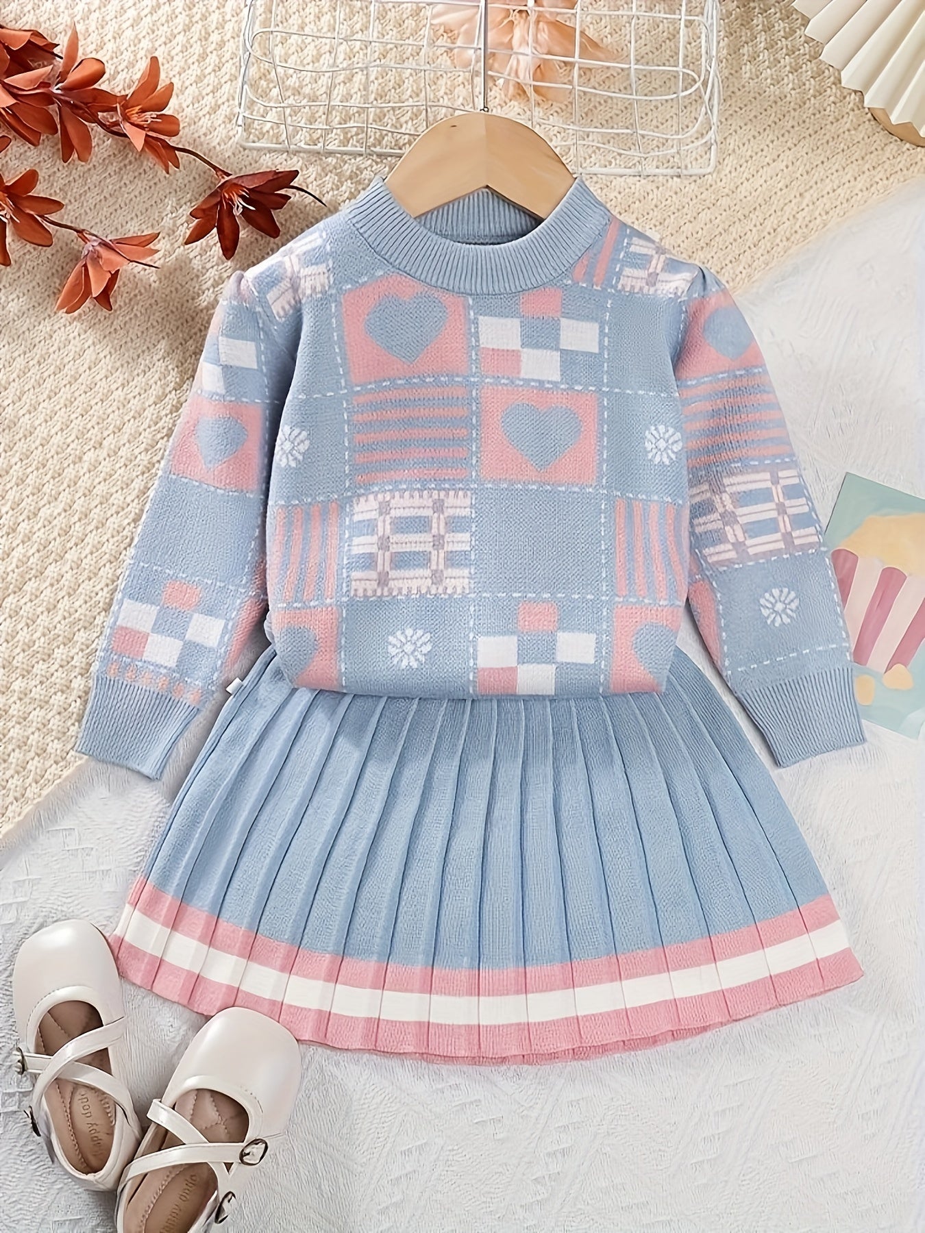 Girl's Heart Pattern Knit Sweater & Pleated Skirt Set - Cozy, Chic, and Casual Outfit for Fall to Spring