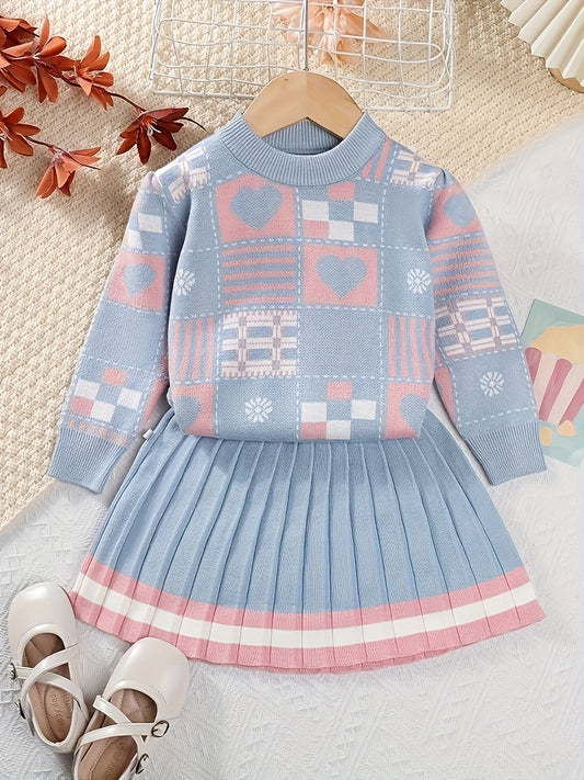 Girl's Heart Pattern Knit Sweater & Pleated Skirt Set - Cozy, Chic, and Casual Outfit for Fall to Spring