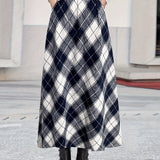 vlovelaw Plus Size Elegant Skirt, Women's Plus Plaid Print High Rise Swing Maxi Skirt With Pockets