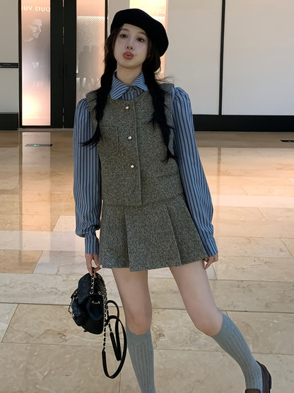 vlovelaw  Casual Three-piece Skirt Set, Button Front Vest & Stripe Print Long Sleeve Shirt & Flare Skirt Outfits, Women's Clothing