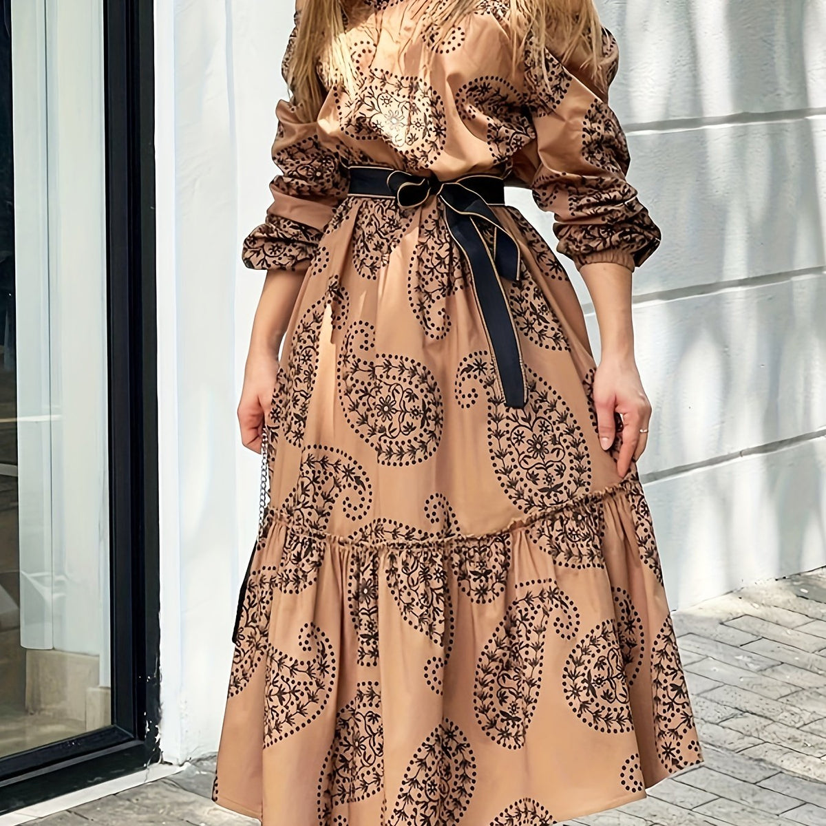 vlovelaw Paisley Print Off Shoulder Dress, Casual Ruffle Hem Long Sleeve Dress, Women's Clothing