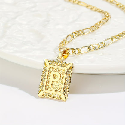 18K Gold Plated Square Monogram Pendant Necklace - Fashionable Personalized Alphabet Letter A-Z Figaro Chain Necklace for Men and Women - Copper Material, No Magnetic, No Mosaic, Plating-Free, Stylish Jewelry for Any Occasion