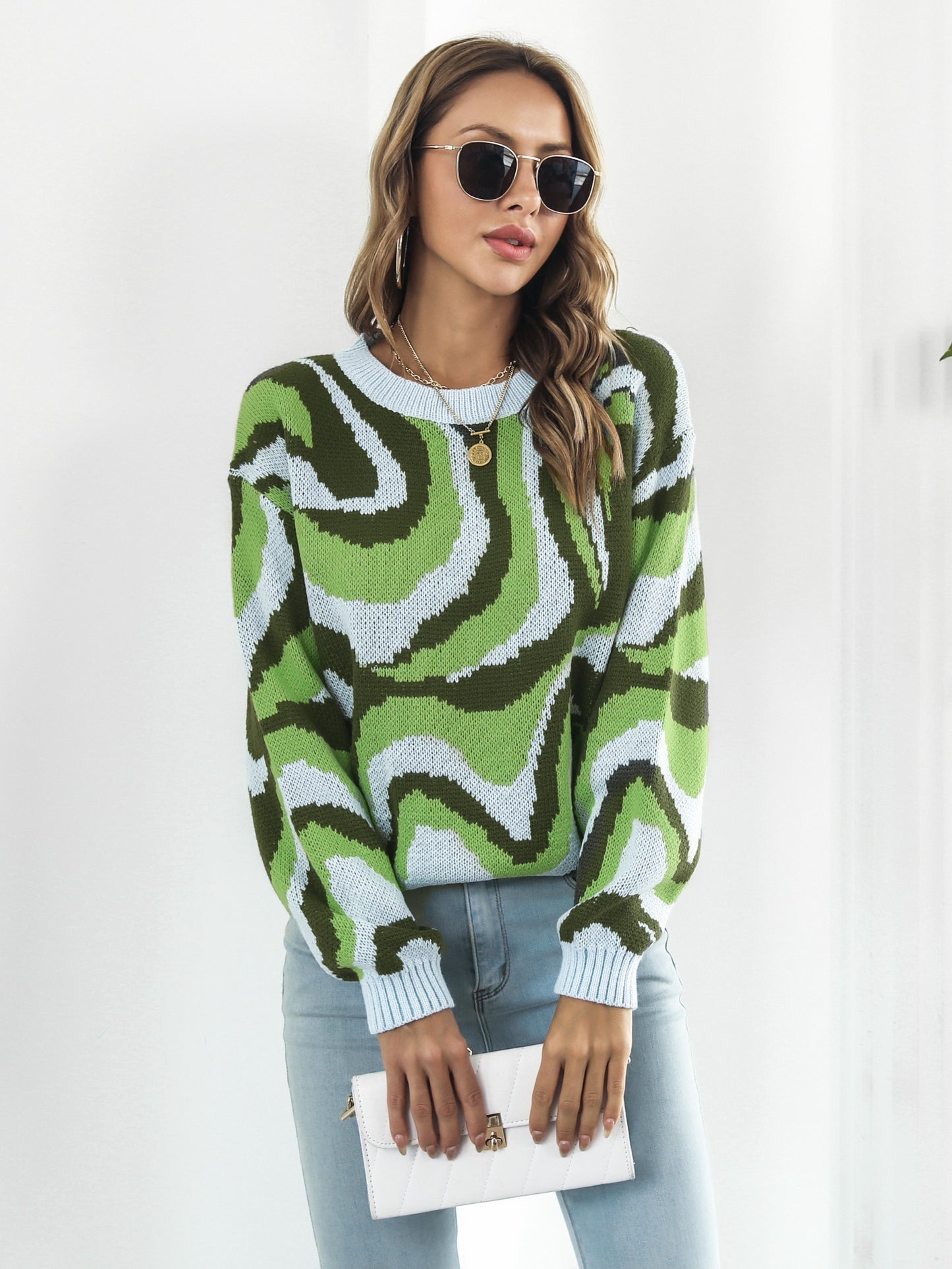 vlovelaw  Women's Sweater Tie Dye Crew Neck Color Block Long Sleeve Loose Fall Winter Sweater