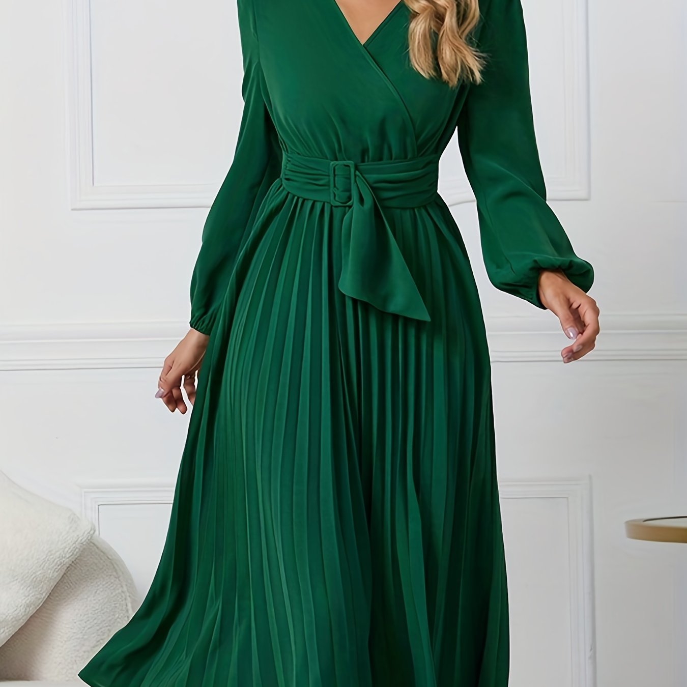 Solid Surplice Neck Belted Dress, Elegant Pleated Long Sleeve Midi Dress For Spring & Fall, Women's Clothing