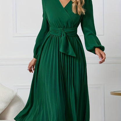 Solid Surplice Neck Belted Dress, Elegant Pleated Long Sleeve Midi Dress For Spring & Fall, Women's Clothing