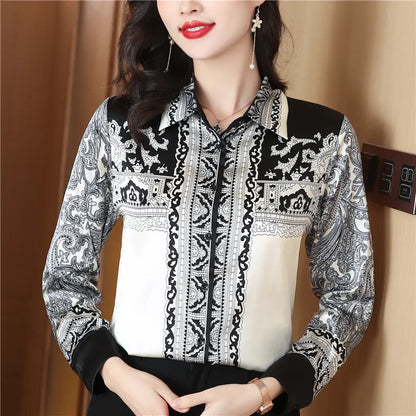 Ribbon Bow Women Silk Print Shirt Polka Dot Long Sleeve Button Up Blouses Office Ladies Casual Shirts Spring Autumn Designer Blouse Fine Elegant Tops Woman