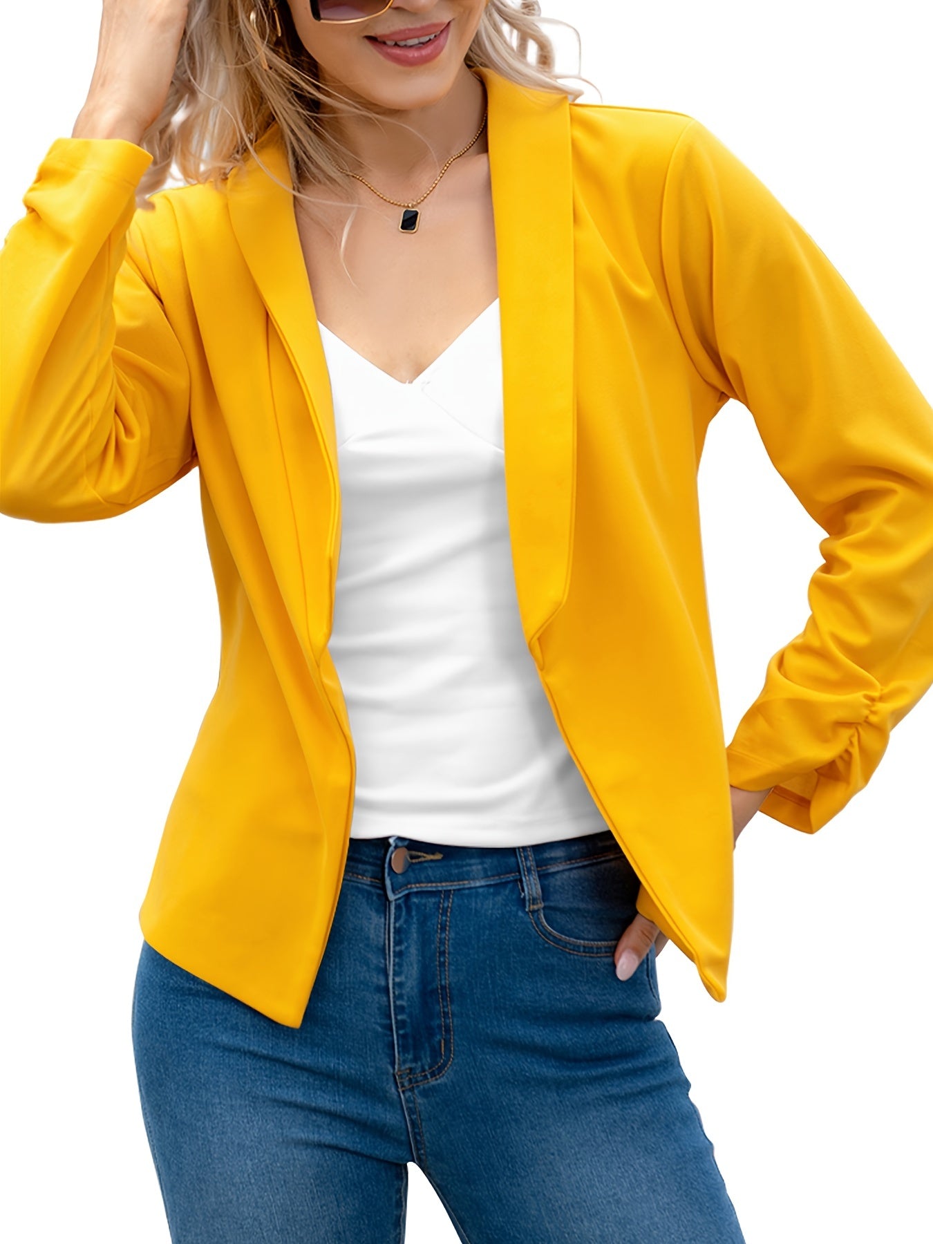Elegant Solid Long Sleeve Blazer, Open Front Lapel Blazer, Elegant & Stylish Tops For Office & Work, Women's Clothing