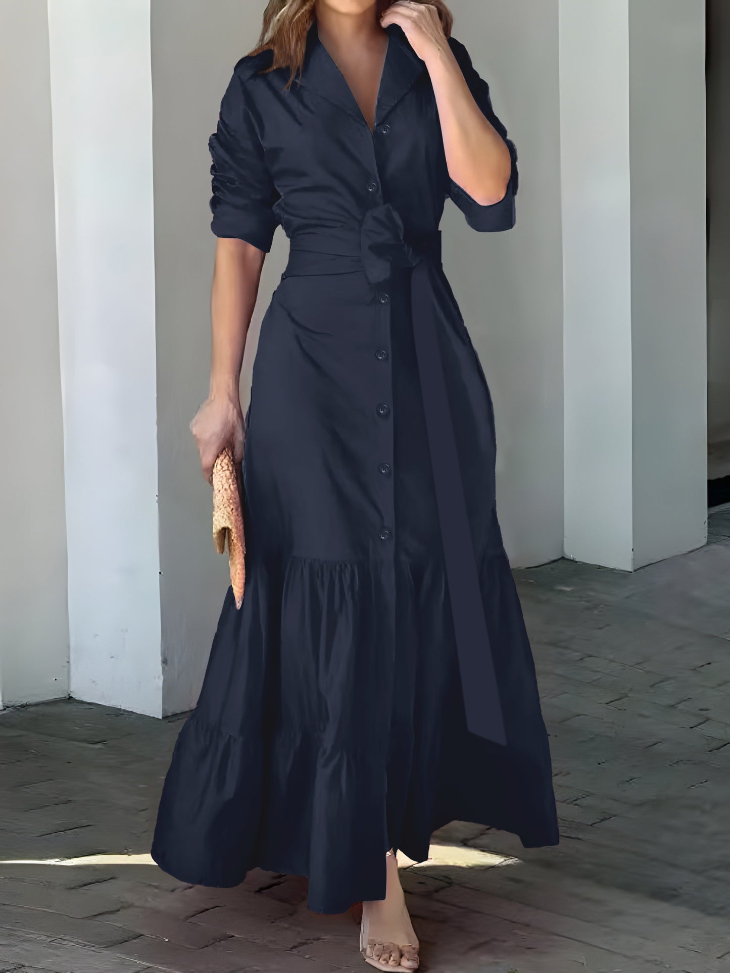 vlovelaw Solid Button Front Belted Dress, Elegant Ruched Sleeve Ruffle Trim Maxi Dress, Women's Clothing