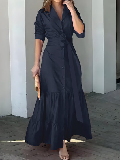 vlovelaw Solid Button Front Belted Dress, Elegant Ruched Sleeve Ruffle Trim Maxi Dress, Women's Clothing