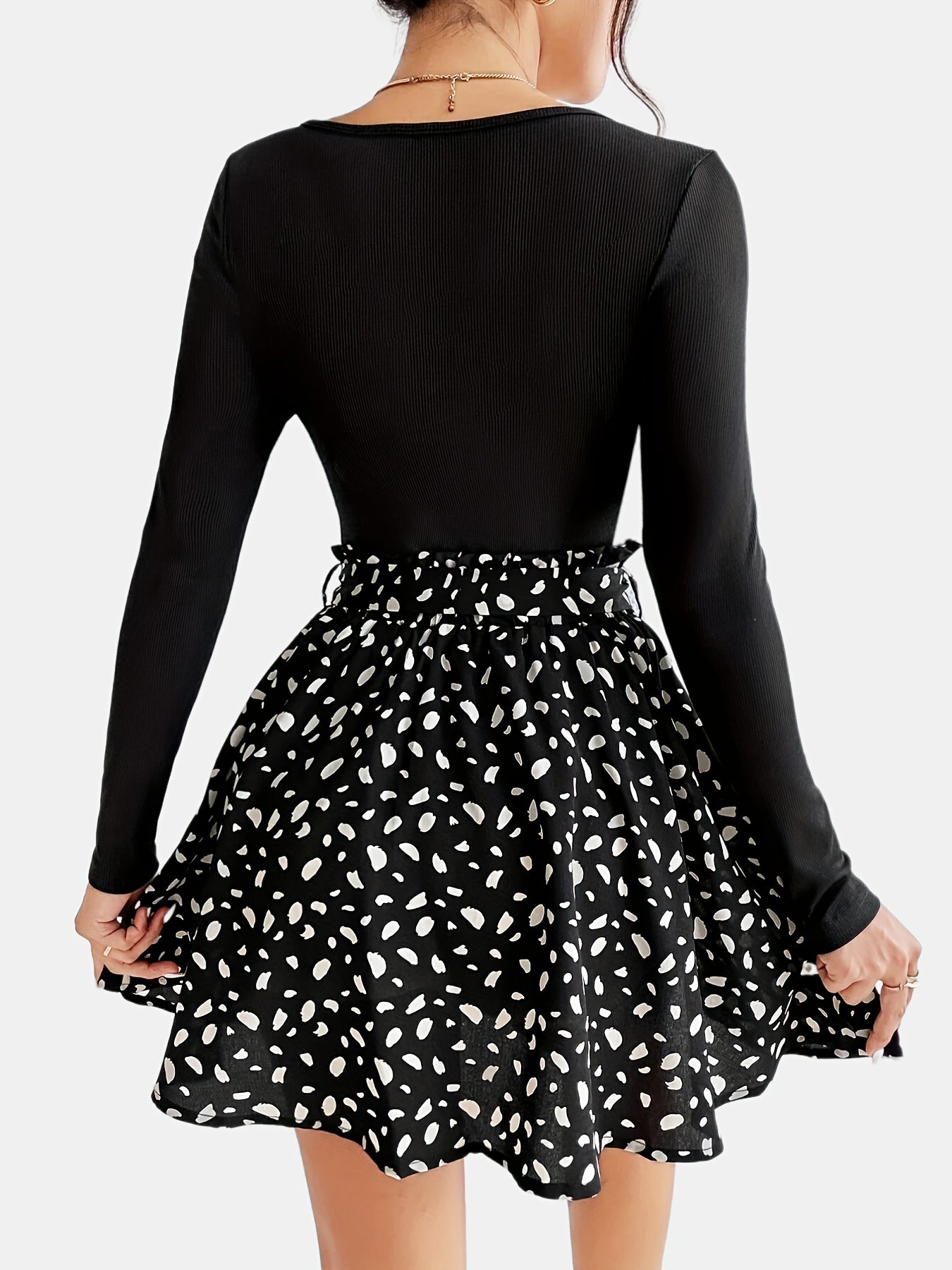 Elegant Simple Two-piece Set, Solid Scoop Neck Long Sleeve Tops & Allover Print Knotted Skirts Outfits, Women's Clothing