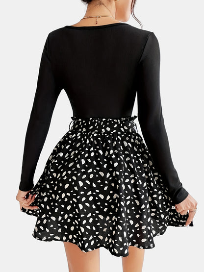 Elegant Simple Two-piece Set, Solid Scoop Neck Long Sleeve Tops & Allover Print Knotted Skirts Outfits, Women's Clothing