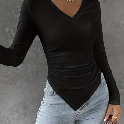 vlovelaw Ribbed V Neck Hanky Hem T-Shirt, Casual Long Sleeve Top For Spring & Fall, Women's Clothing