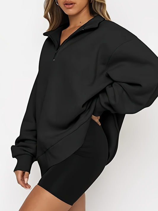 vlovelaw  Plus Size Casual Sweatshirt, Women's Plus Plain Long Sleeve Zipper High Neck Sweatshirt
