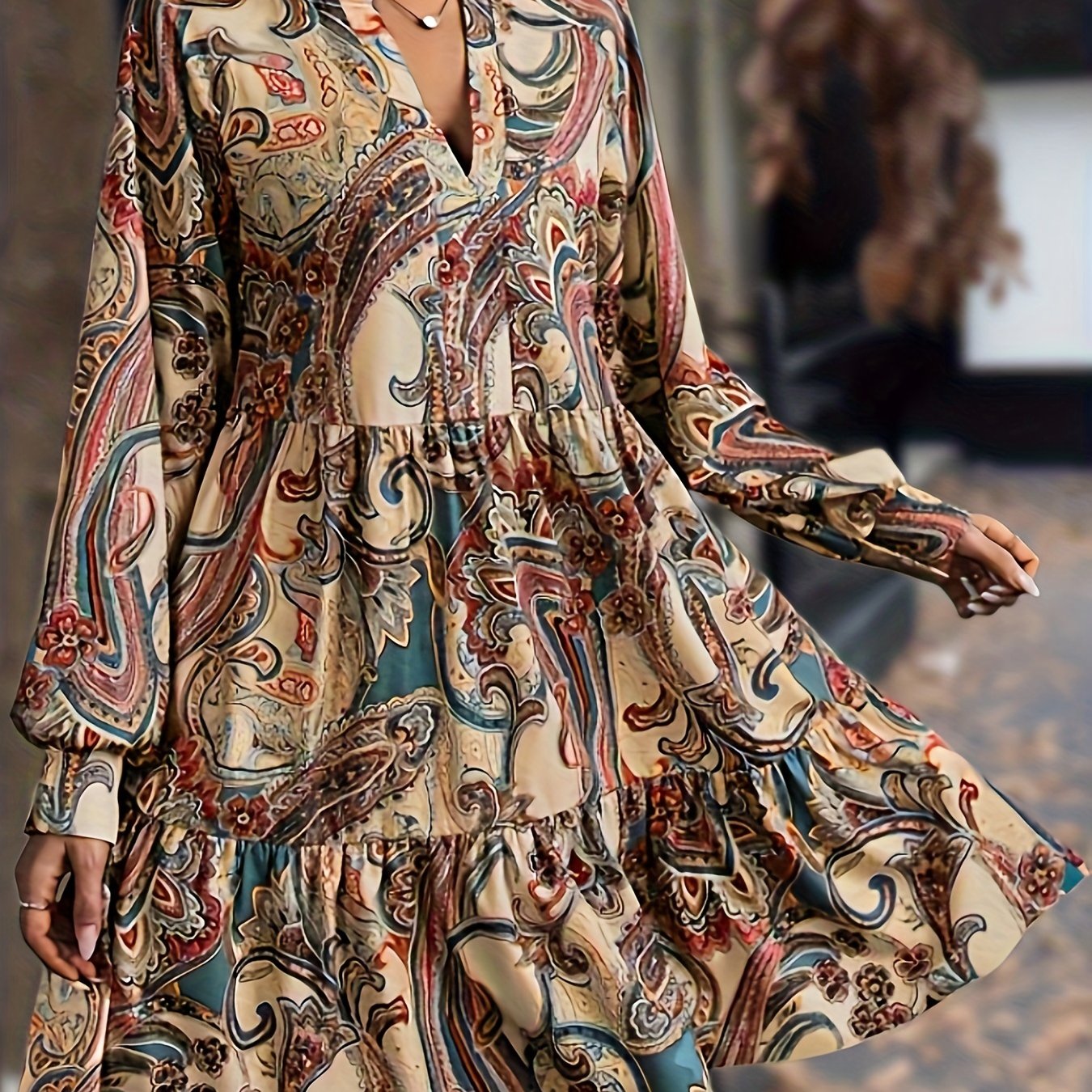 vlovelaw Paisley Print V Neck Dress, Elegant Long Sleeve Ruffle Hem Dress, Women's Clothing
