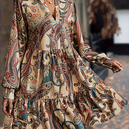 vlovelaw Paisley Print V Neck Dress, Elegant Long Sleeve Ruffle Hem Dress, Women's Clothing