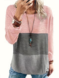 Plus Size Casual Top, Women's Plus Colorblock Long Sleeve Round Neck Medium Stretch Top