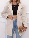 Solid Patched Pockets Belted Jacket, Casual Long Sleeve Hooded Jacket For Fall & Winter, Women's Clothing