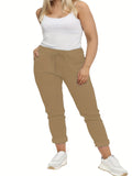 vlovelaw  Plus Size Casual Pants, Women's Plus Solid Drawstring Roll Up Hem Slight Stretch Pants