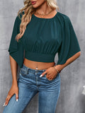 vlovelaw  Ruched Tie Back Crop Top, Casual Crew Neck Cape Sleeve Blouse For Spring & Summer, Women's Clothing
