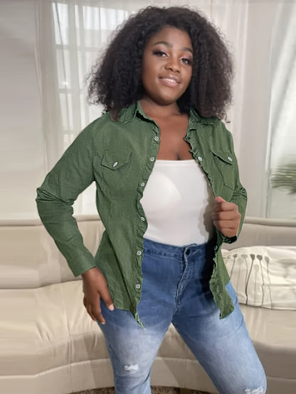 Long Sleeves Lapel Denim Shirts, Flap Pockets Single-Breasted Button Solid Color Denim Jackets, Women's Denim Clothing