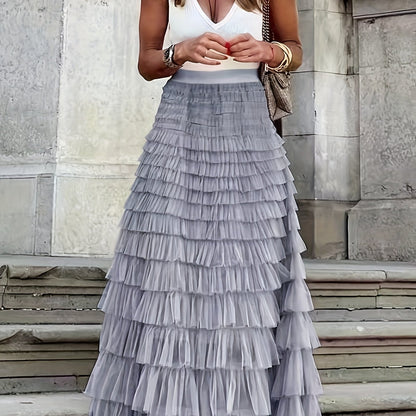 vlovelaw  Mesh Layered Hem Skirt, Boho High Waist Skirt, Women's Clothing