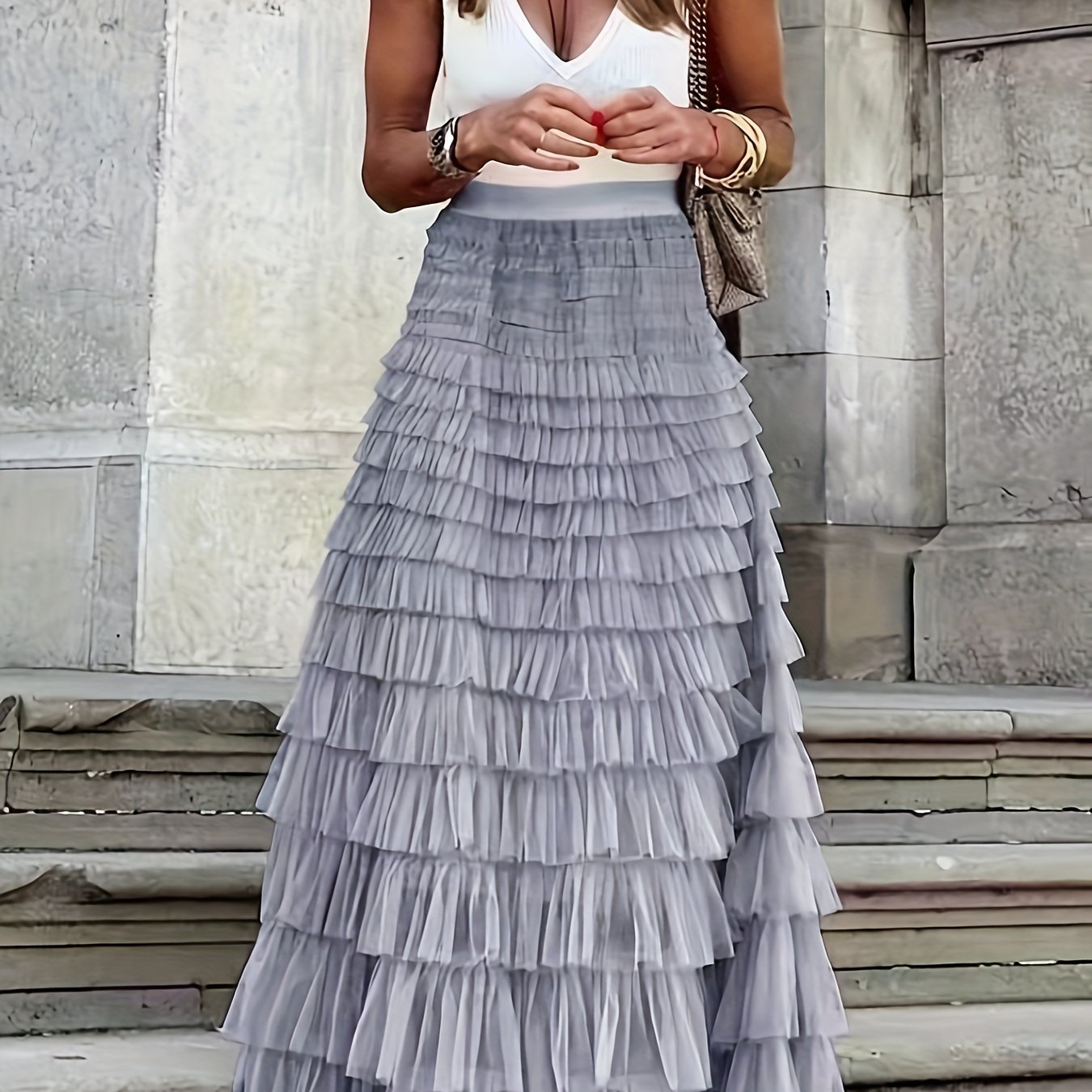 vlovelaw  Mesh Layered Hem Skirt, Boho High Waist Skirt, Women's Clothing