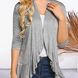 vlovelaw V-neck Loose Pleated Cardigans, Casual Frill Solid 3/4 Sleeve Spring Summer Fall Cardigan, Women's Clothing