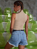 vlovelaw  Solid Turtle Neck Crop Knitted Top, Casual Sleeveless Top For Summer, Women's Clothing