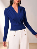 vlovelaw  Solid Deep V-neck Pleated T-Shirt, Elegant Long Sleeve T-Shirt For Spring & Fall, Women's Clothing