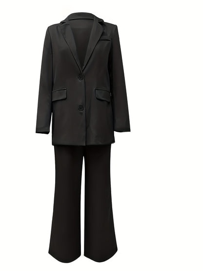 vlovelaw  Plus Size Casual Suit Set, Women's Plus Solid Long Sleeve Lapel Collar Blazer & Pants Suit 2 Piece Set